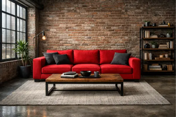 the industrial red couch loft living room design
