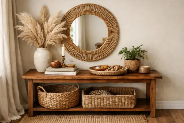 layered boho entryway table look Styled to Glow the layered boho entryway table look
