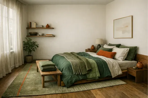 the layered green textiles orange accents bedroom