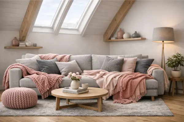the layered pink blankets grey pillows