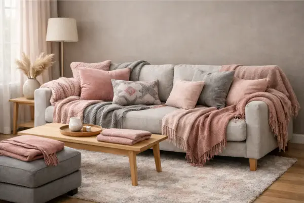 the layered pink grey textiles living room