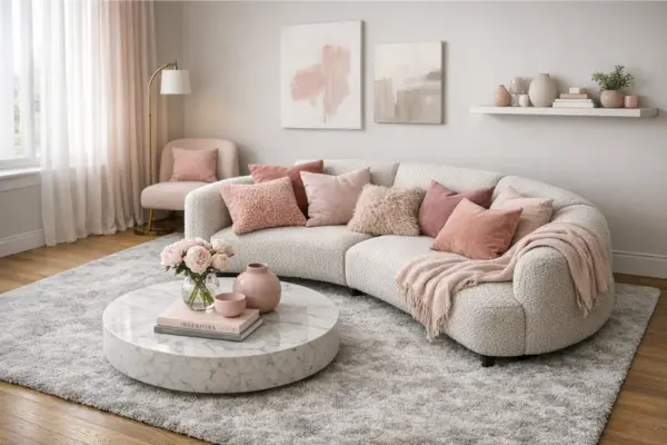 the light grey rug pink pillows