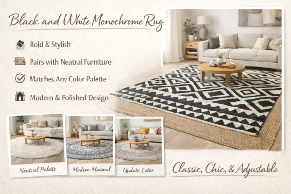 living Room Black and White Monochrome Rug Styled to Glow the living Room Black and White Monochrome Rug