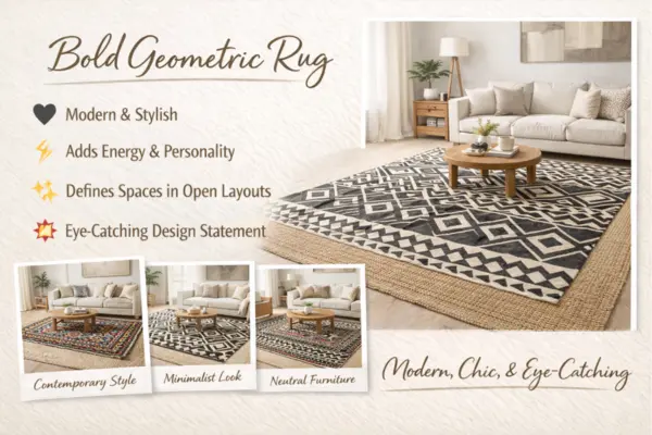 living Room Bold Geometric Rug Styled to Glow the living Room Bold Geometric Rug