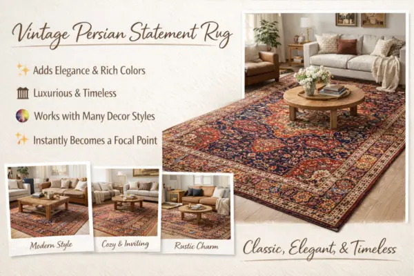 living Room Vintage Persian Statement Rug Styled to Glow the living Room Vintage Persian Statement Rug