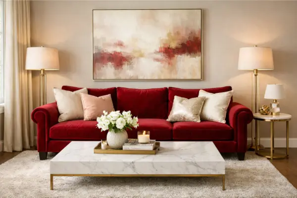 the luxury red velvet couch living room design