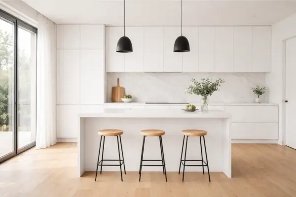 the minimalist white kitchen with clean lines