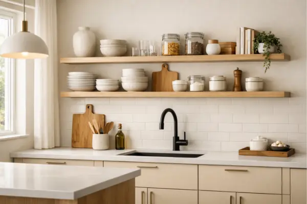 the modern kitchen with open shelving accents