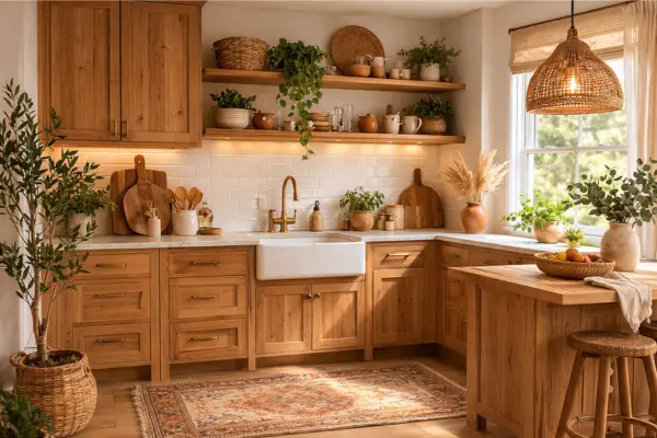 natural wood cabinets boho kitchen Styled to Glow the natural wood cabinets boho kitchen