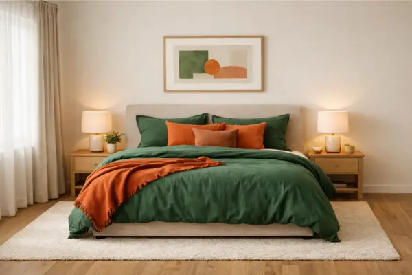 the neutral walls green orange bedding bedroom