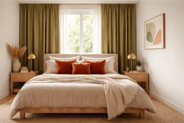 the olive green curtains burnt orange pillows bedroom