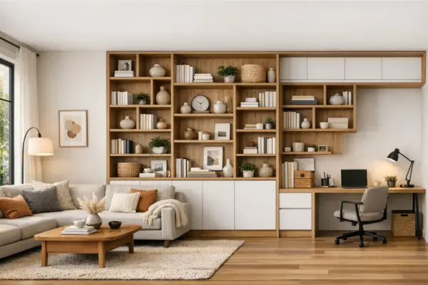 the open space living room built in shelving divider