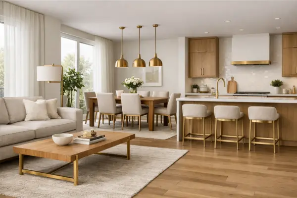 the open space living room consistent metal finishes