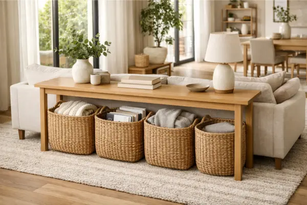 the open space living room console table basket storage