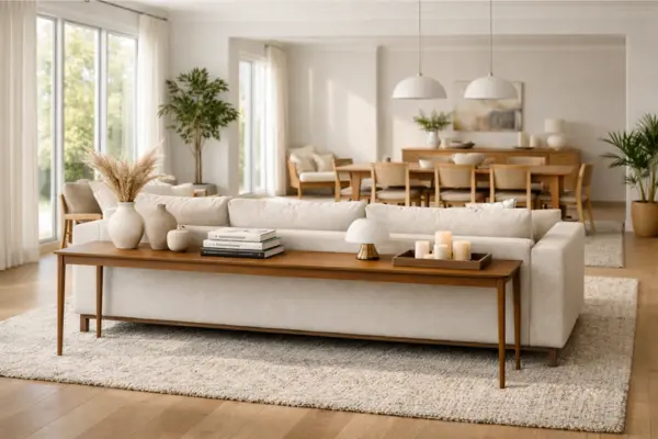 the open space living room console table behind sofa