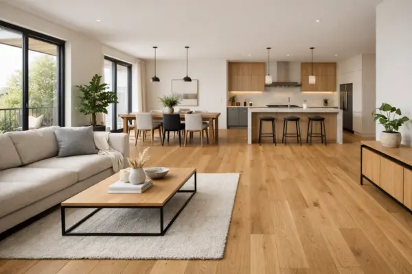 the open space living room continuous flooring