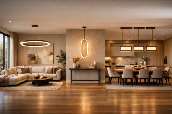 the open space living room different light fixtures zones