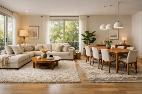 the open space living room different rug