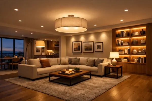 the open space living room layered lighting design