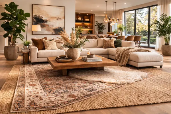 the open space living room layered rugs design