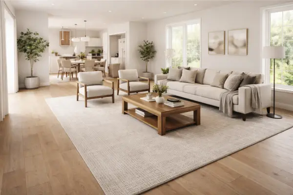 the open space living room zones with large rugs