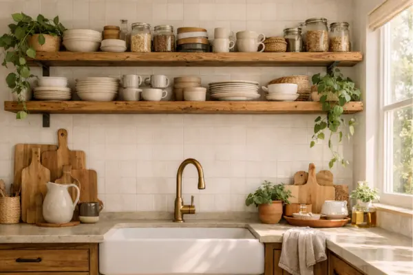 open wooden shelves boho kitchen Styled to Glow the open wooden shelves boho kitchen