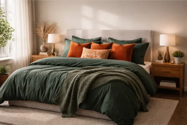 the orange accent pillows green bedding bedroom