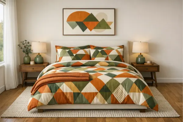 the orange green geometric bedding bedroom