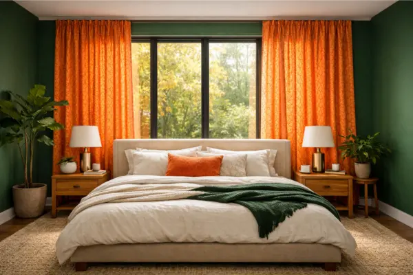 the orange patterned curtains green bedroom
