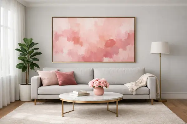 the pale grey walls pink artwork