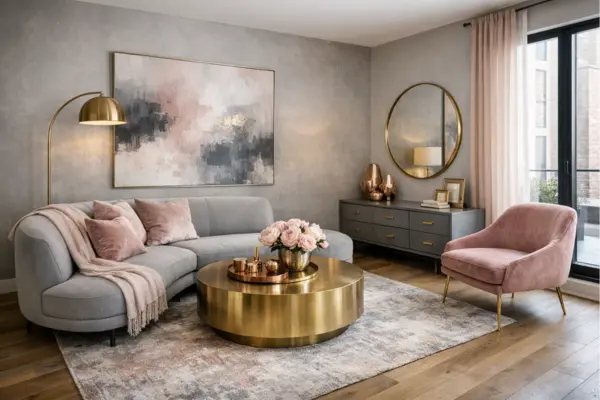 the pale pink curtains grey walls