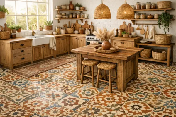 patterned floor tiles boho kitchen Styled to Glow the patterned floor tiles boho kitchen
