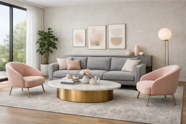 the pink grey gallery wall living room