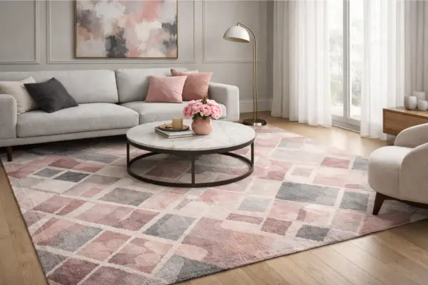 the pink grey patterned rug