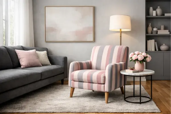 the pink grey striped accent chair