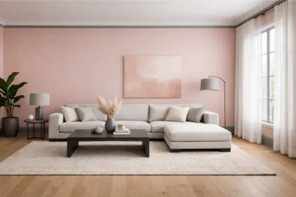 the pink walls grey baseboards living room