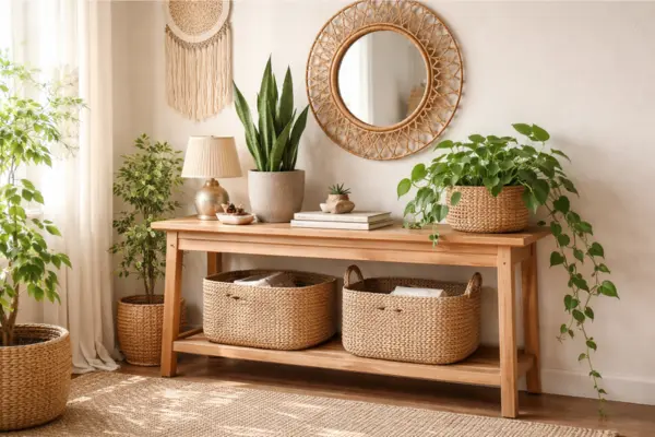 plant filled boho entryway table Styled to Glow the plant filled boho entryway table