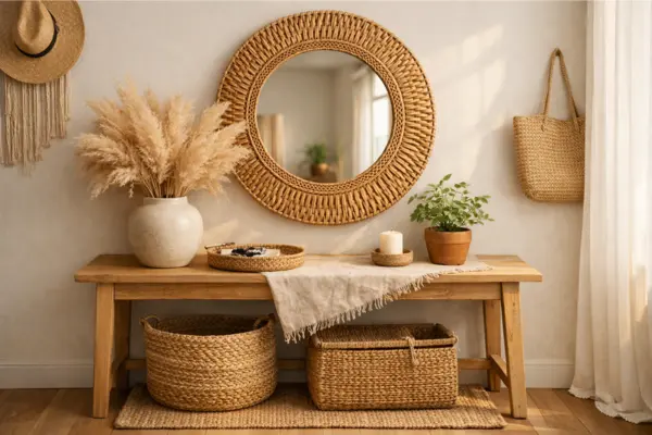 rattan mirror entryway table styling Styled to Glow the rattan mirror entryway table styling