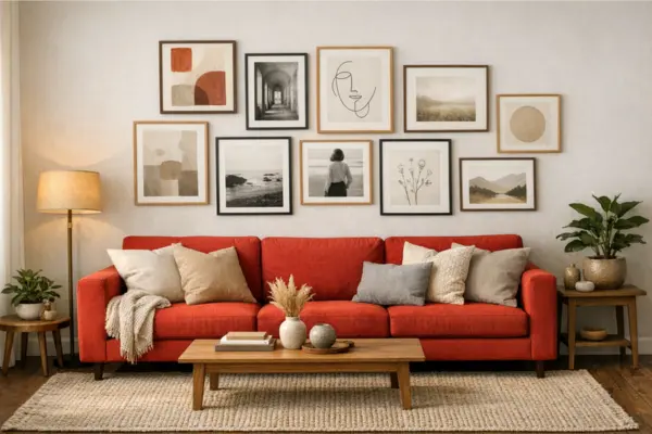 the red couch living room gallery wall design