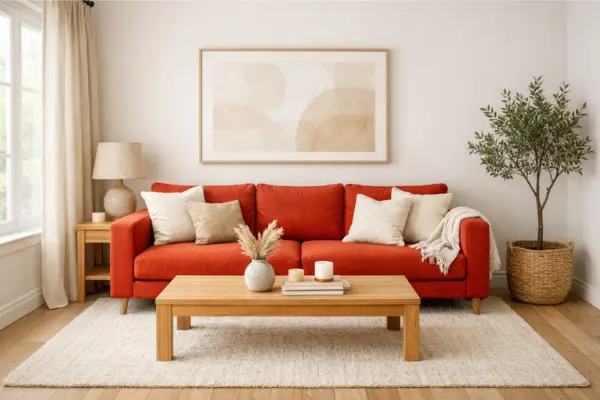 the red couch living room soft neutral decor idea