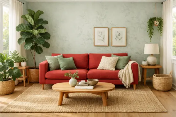 the red couch living room with green plants