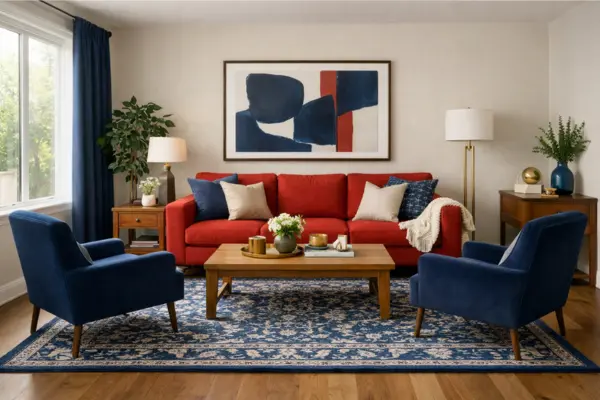 the red couch living room with navy blue accents