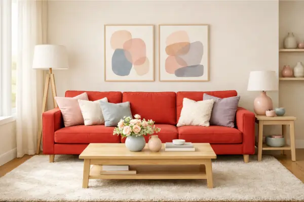 the red couch living room with pastel accents