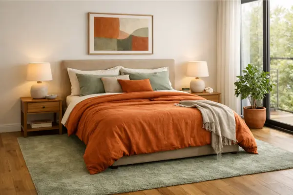 the rust orange bedspread soft green rug bedroom