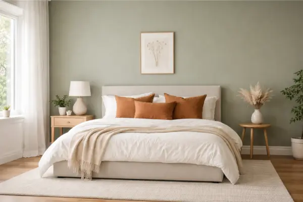 the sage green accent wall orange pillows bedroom