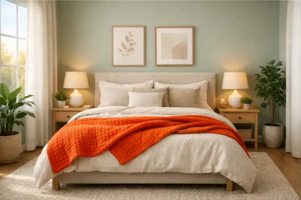 the sage green walls orange throw quilt bedroom