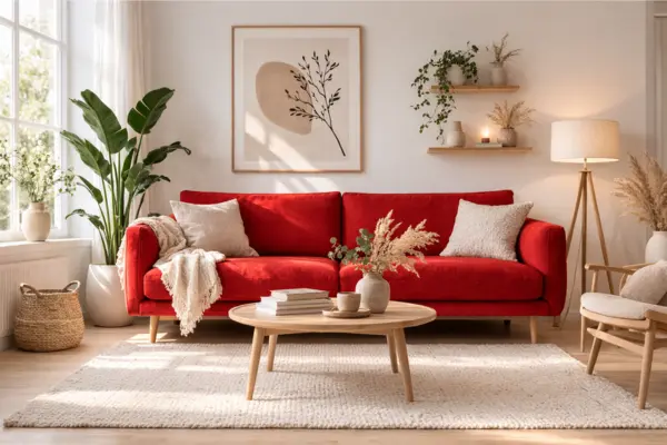 the scandinavian red couch living room idea