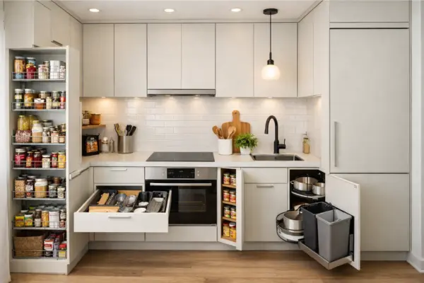 the small modern kitchen with smart storage