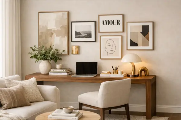 styled desk with art living room office Styled to Glow the styled desk with art living room office