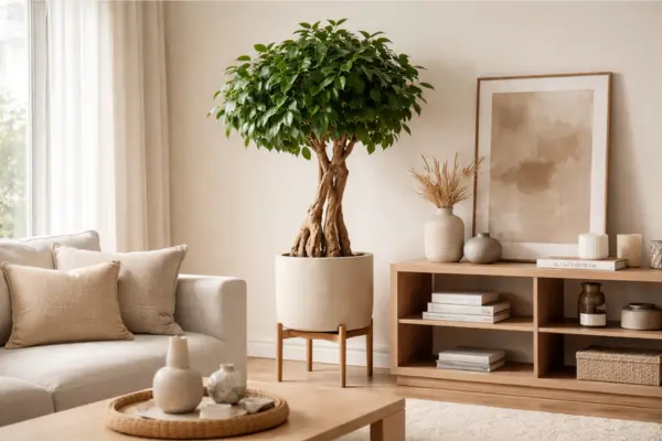 tall living room plants ficus ginseng trunk display Styled to Glow the tall living room plants ficus ginseng trunk display